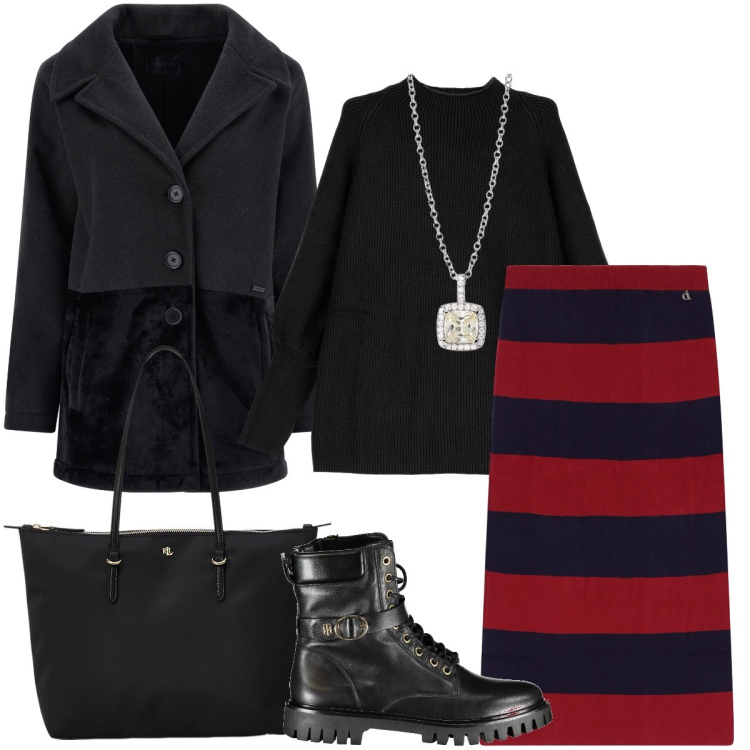 Outfit donna - La gonna a righe. Stile Trendy per Serata fuori. Abbinamento con collane, cappotti, gonne longuette, maglieria, borse tote, stivali.
