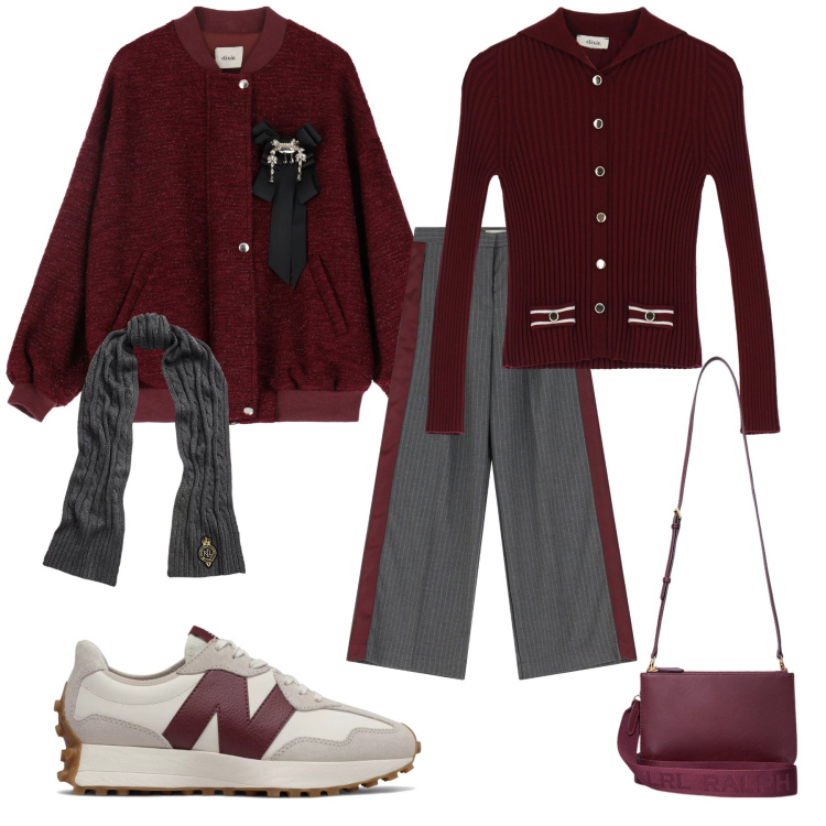 Outfit donna - Total look #2007690. Stile Urban per Tutti i giorni. Abbinamento con sneakers, pantaloni a palazzo, bomber, cardigans, borse a tracolla, sciarpe.