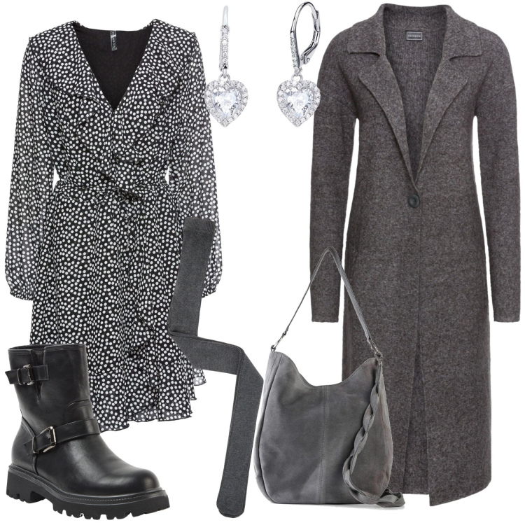 Outfit donna - Total look #2007700. Stile Casual per Tutti i giorni. Abbinamento con borse a mano, cappotti, vestiti, stivaletti, collant, orecchini.