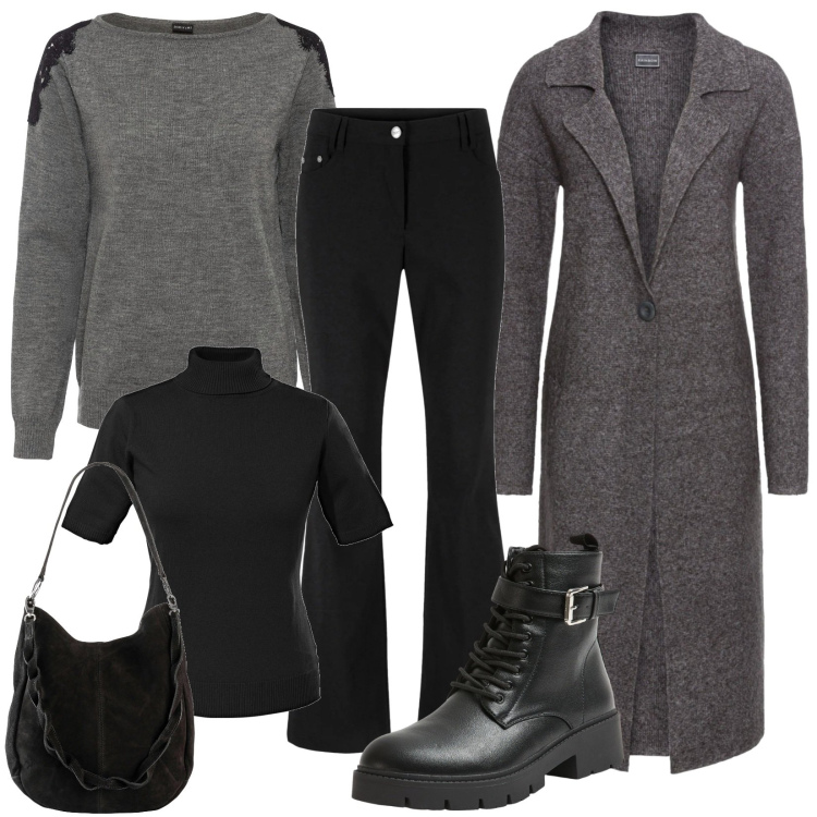 Outfit donna - Cappotto dal taglio morbido. Stile Casual per Tutti i giorni. Abbinamento con pantaloni, maglieria, maglieria, cappotti, borse a mano, anfibi.