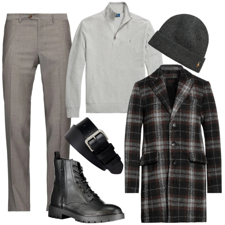 Outfit uomo - Minimal chic uomo. Stile Urban per Tutti i giorni. Abbinamento con cappotti, pantaloni, cinture, berretti, maglieria, stivali.