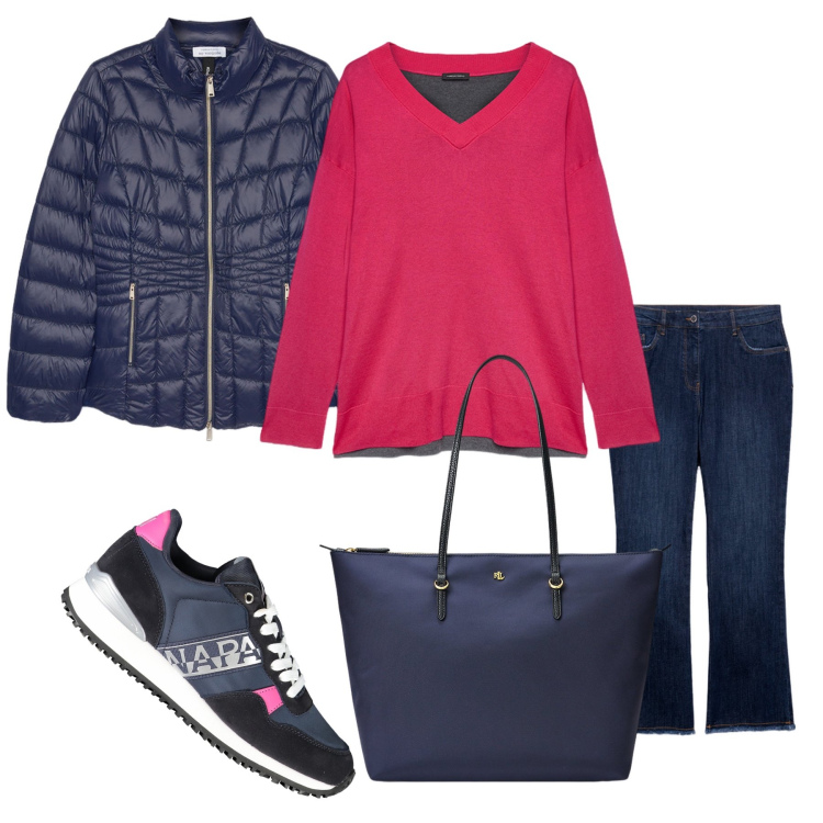 Outfit donna - Total look #2007721. Stile Casual per Tutti i giorni. Abbinamento con borse tote, maglieria, sneakers, piumini, jeans a zampa.