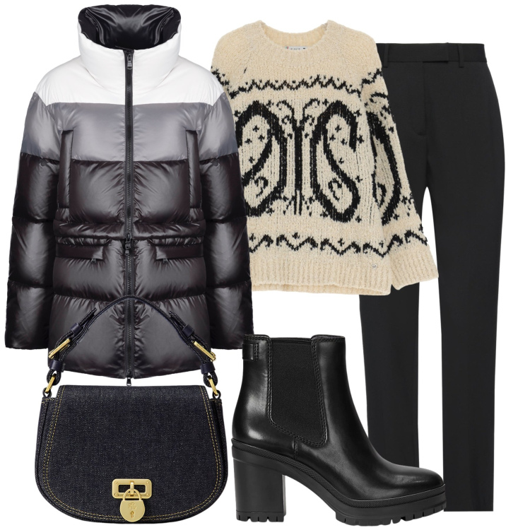 Outfit donna - Nero e beige. Stile Casual per Tutti i giorni. Abbinamento con pantaloni, maglieria, piumini, stivaletti chelsea, borse a tracolla.