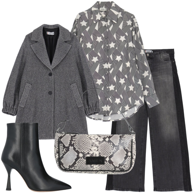 Outfit donna - Casual grey. Stile Casual per Tutti i giorni. Abbinamento con stivaletti, borse a mano, camicie, jeans, cappotti.