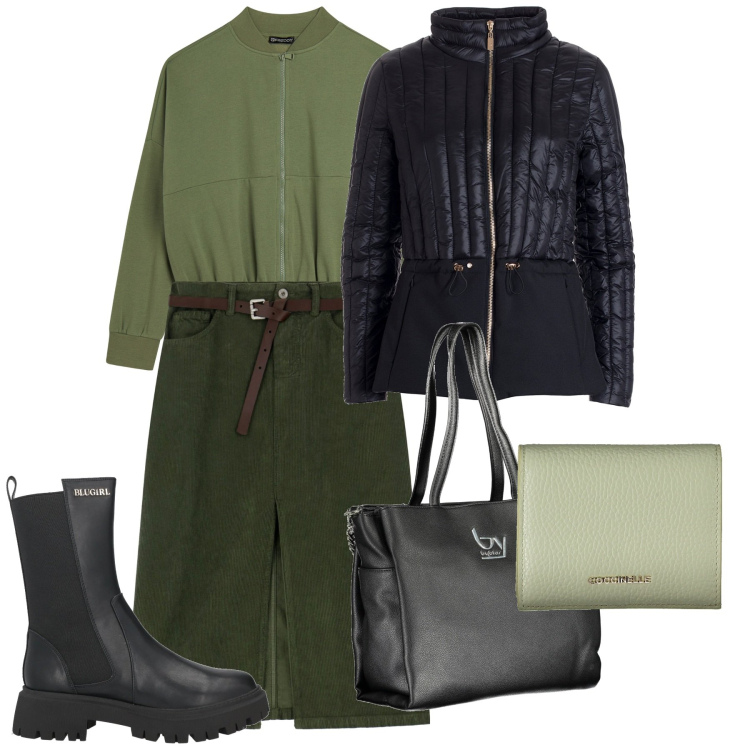 Outfit donna - Novembre. Stile Urban per Tutti i giorni. Abbinamento con stivaletti chelsea, piumini, felpe, gonne, borse a spalla, portafogli.