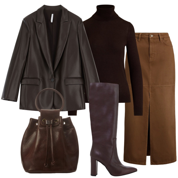 Outfit donna - Total brown. Stile Casual per Tutti i giorni. Abbinamento con blazer, stivali, maglieria, borse a secchiello, gonne.