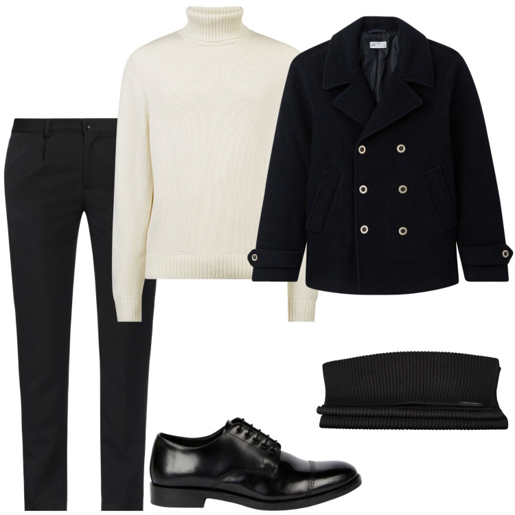 Outfit uomo - B&W. Stile Trendy per Serata speciale. Abbinamento con pantaloni, cappotti, maglieria, sciarpe, scarpe stringate.