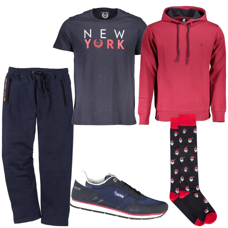 Outfit uomo - Calzini a tema Natale. Stile Casual per Sport. Abbinamento con pantaloni, calzini, sneakers, felpe con cappuccio, t-shirt.
