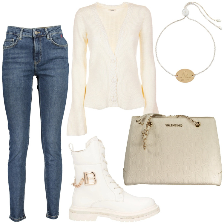 Outfit donna - Jeans e scarponcini. Stile Casual chic per Scuola/Università. Abbinamento con anfibi, cardigans, braccialetti con ciondoli, jeans slim fit, borse a spalla.