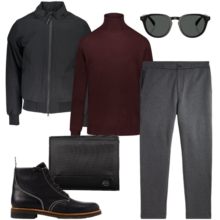 Outfit uomo - Appuntamento di lavoro. Stile Business/Elegante per Ufficio. Abbinamento con stivali, pantaloni, occhiali da sole, maglieria, giacche, portafogli.