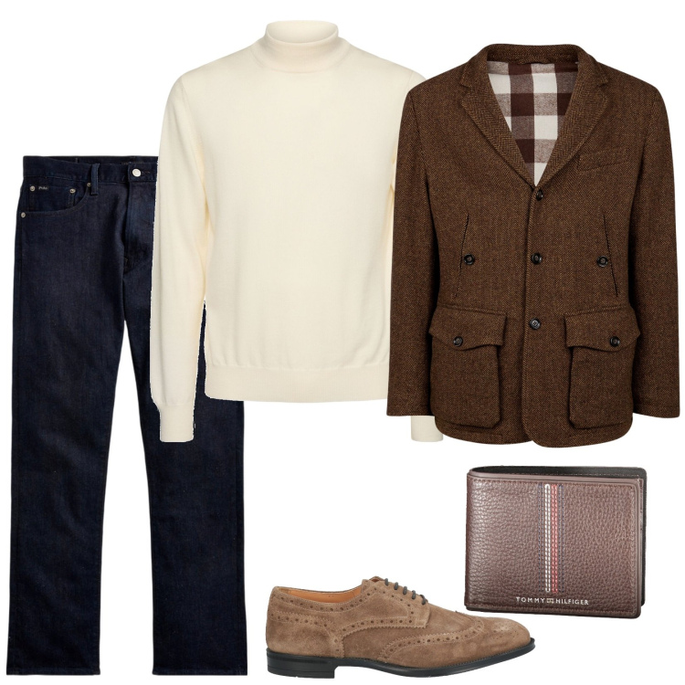 Outfit uomo - Mix and match. Stile Trendy per Tutti i giorni. Abbinamento con scarpe stringate, jeans dritti, maglieria, portafogli, giacche.