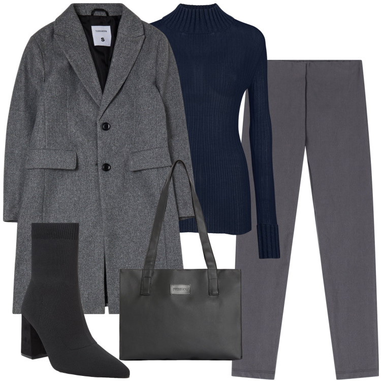 Outfit donna - Total grey. Stile Casual per Ufficio. Abbinamento con stivaletti, cappotti, pantaloni skinny, shopping bag, maglieria.