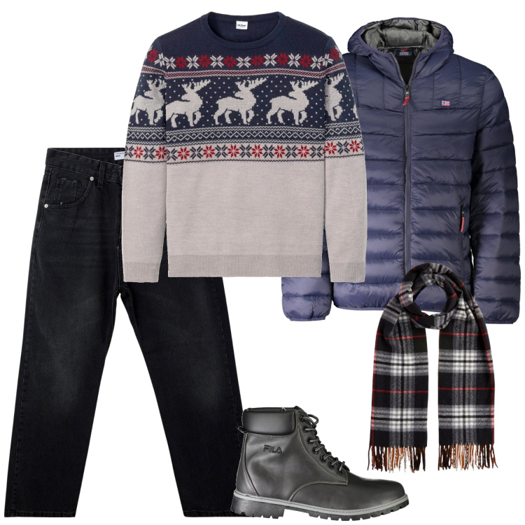 Outfit uomo - Il maglione con le renne. Stile Casual per Tutti i giorni. Abbinamento con maglieria, jeans, stivali, giacche, sciarpe.