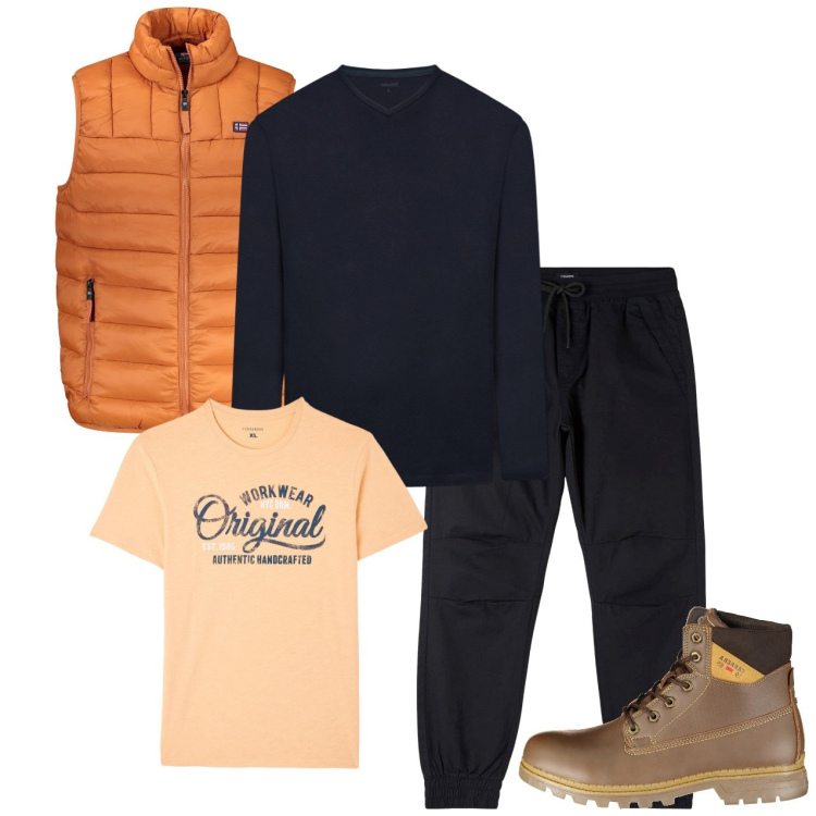 Outfit uomo - Nero e arancio. Stile Urban per Tutti i giorni. Abbinamento con pantaloni, t-shirt, stivali, giacche, t-shirt.