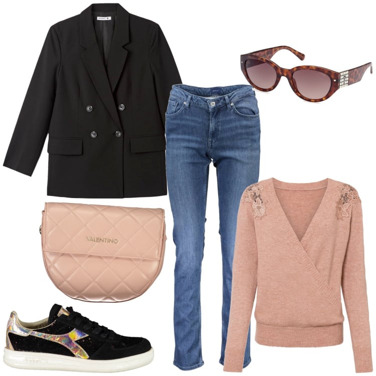 Outfit donna - Total look #2007787. Stile Casual per Tutti i giorni. Abbinamento con maglieria, jeans, sneakers, blazer, occhiali da sole, borse a tracolla.