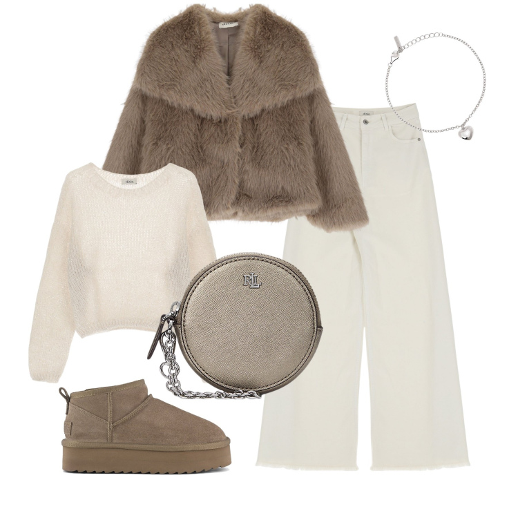 Outfit donna - Al caldo con Dixie. Stile Urban per Tutti i giorni. Abbinamento con braccialetti con ciondoli, maglieria, jeans, ecopellicce, pochette, stivaletti.