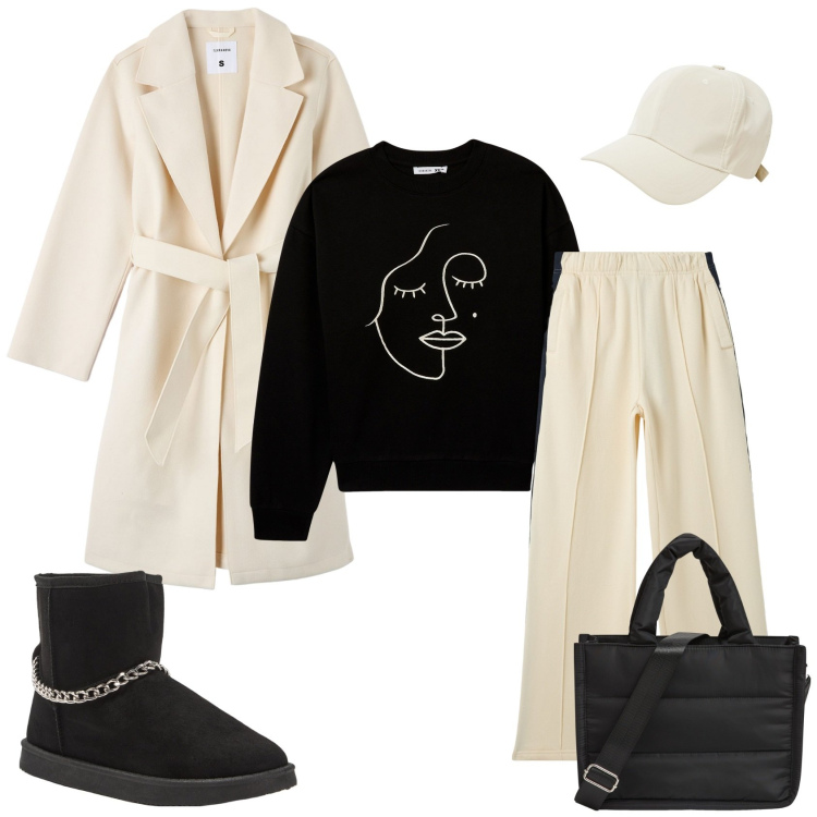 Outfit donna - Black e white Black Friday. Stile Sporty chic per Scuola/Università. Abbinamento con felpe, shopping bag, pantaloni, cappotti, stivaletti, cappelli.