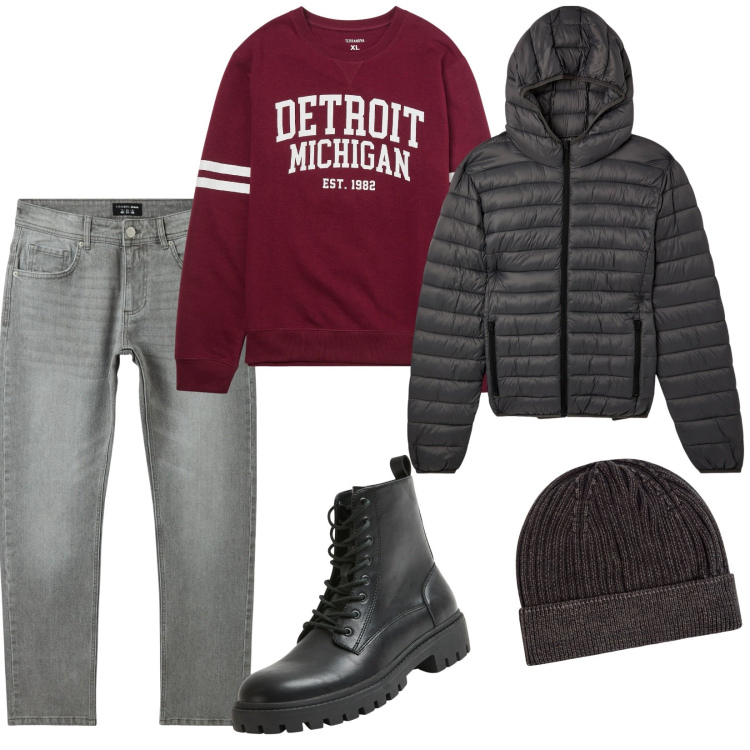 Outfit uomo - Ready to go. Stile Casual per Tutti i giorni. Abbinamento con berretti, giacche, felpe, jeans, anfibi.