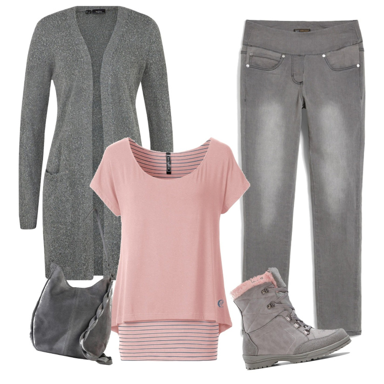Outfit donna - Grey & Pink. Stile Casual chic per Tutti i giorni. Abbinamento con jeans dritti, maglieria, borse a mano, cardigans, stivali.