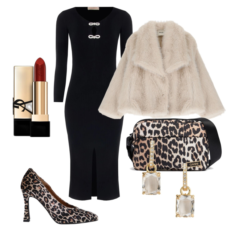 Outfit donna - Serata dai dettagli animalier. Stile Chic per Serata fuori. Abbinamento con rossetti, vestiti lunghi, décolleté, orecchini, ecopellicce, borse a spalla.