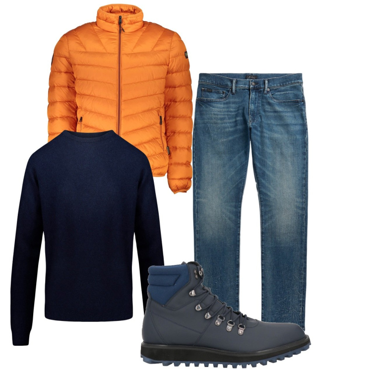Outfit uomo - Arancio e blu. Stile Casual per Tutti i giorni. Abbinamento con stivali e stivaletti, jeans, maglieria, giacche.