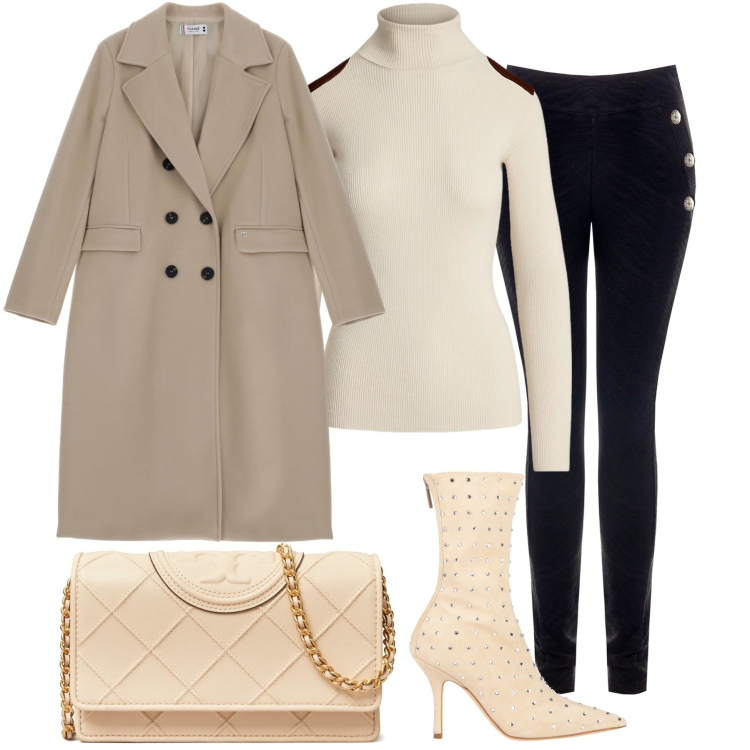 Outfit donna - Lo stivaletto con borchie. Stile Casual chic per Ufficio. Abbinamento con stivaletti, pantaloni, cappotti, maglieria, borse a spalla.