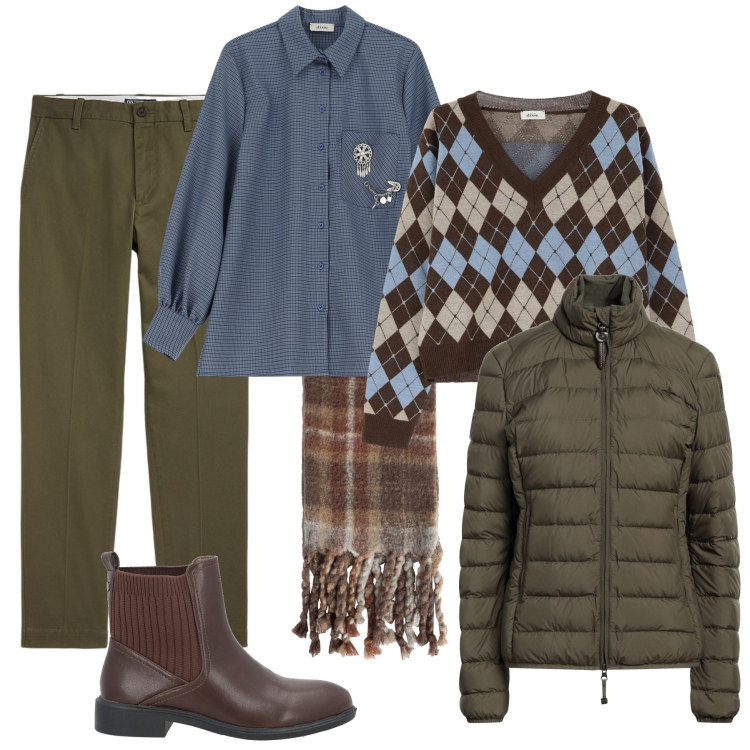 Outfit donna - Chino, chelsea e losanghe glam. Stile Trendy per Tutti i giorni. Abbinamento con stivaletti chelsea, sciarpe, piumini, pantaloni chino, maglieria, camicie.