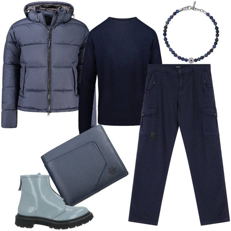 Outfit uomo - Blu navy. Stile Urban per Tutti i giorni. Abbinamento con stivali e stivaletti, braccialetti, pantaloni cargo, maglieria, giacche, portafogli.