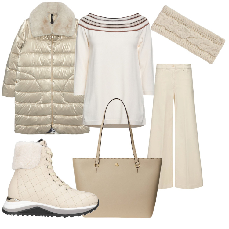 Outfit donna - La prima nevicata. Stile Casual chic per Ufficio. Abbinamento con pullovers, stivaletti, borse tote, cappelli, piumini, pantaloni.