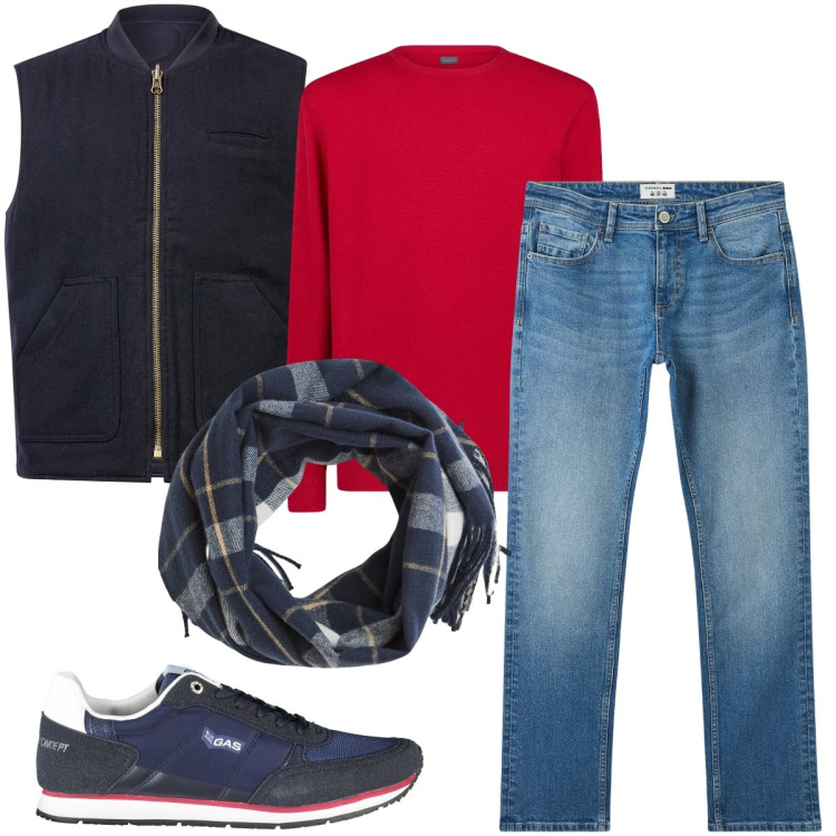 Outfit uomo - La maglia rossa. Stile Casual per Tutti i giorni. Abbinamento con jeans, sciarpe, maglieria, piumini, sneakers.