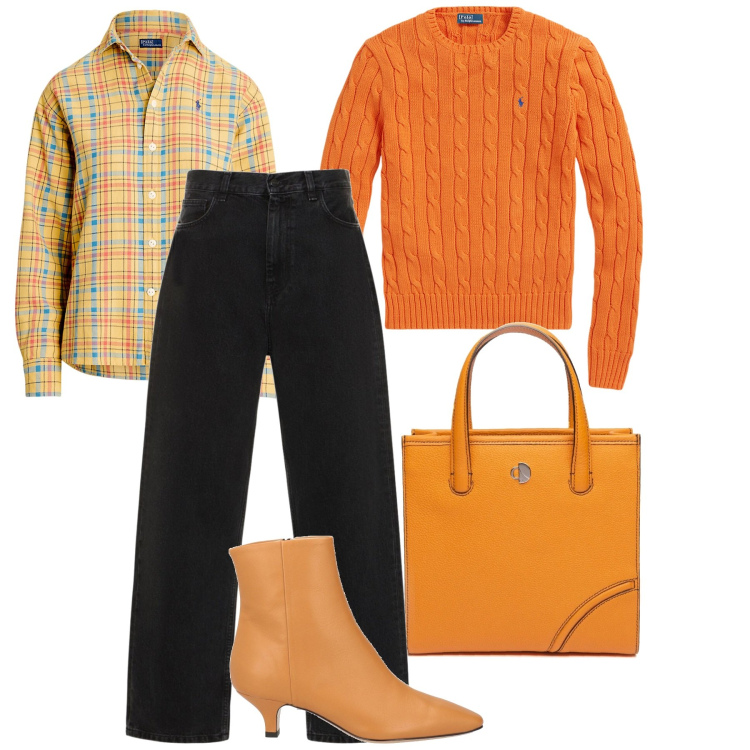 Outfit donna - Arancio maturo. Stile Casual chic per Ufficio. Abbinamento con stivaletti, maglieria, camicie, jeans, shopping bag.