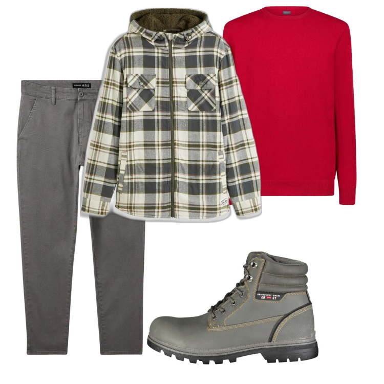 Outfit uomo - A piedi in centro. Stile Urban per Tutti i giorni. Abbinamento con cappotti, pantaloni chino, maglieria, stivali.