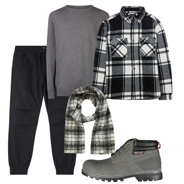 Outfit uomo - Grigio in città. Stile Urban per Tutti i giorni. Abbinamento con pantaloni, cappotti, sciarpe, maglieria, stivali.