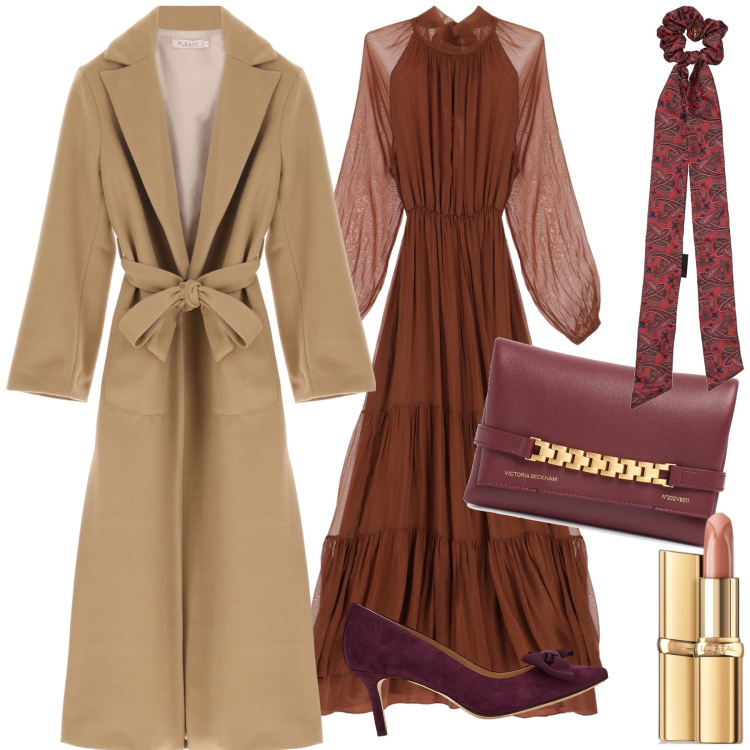 Outfit donna - Cerimonia novembrina. Stile Bon Ton per Cerimonia. Abbinamento con rossetti, cappotti, vestiti lunghi, décolleté, accessori per capelli, pochette.
