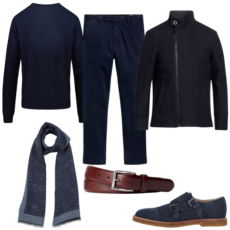 Outfit uomo - Serata chic. Stile Business/Elegante per Serata speciale. Abbinamento con scarpe stringate, cappotti, sciarpe, cinture, pantaloni, maglieria.