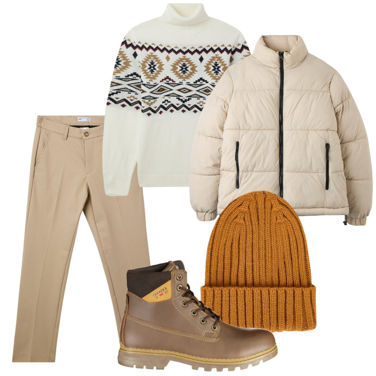 Outfit uomo - Freddo di dicembre. Stile Trendy per Tutti i giorni. Abbinamento con maglieria, pantaloni chino, piumini, stivali, berretti.