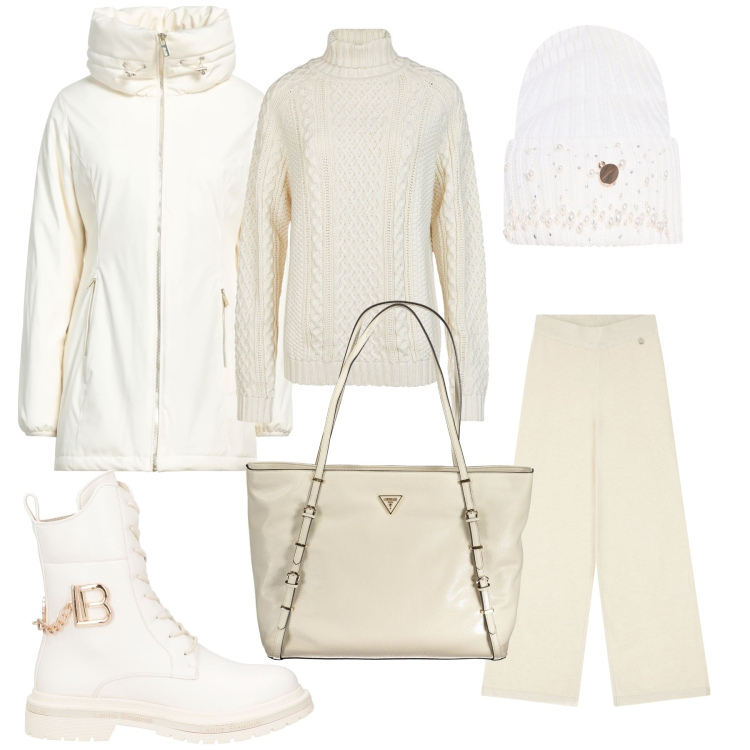 Outfit donna - Bianco neve. Stile Basic per Tutti i giorni. Abbinamento con anfibi, piumini, berretti, pantaloni a palazzo, borse a spalla, maglieria.