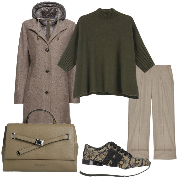 Outfit donna - Total look #2007894. Stile Bon Ton per Ufficio. Abbinamento con cappotti, sneakers, borse a mano, maglieria, pantaloni.