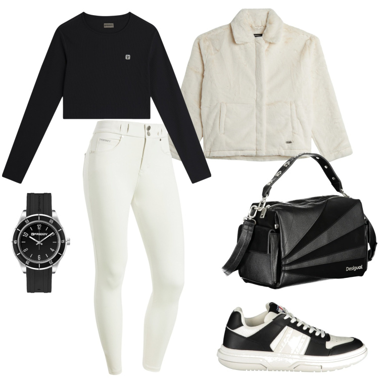 Outfit donna - Classic black and white. Stile Casual chic per Scuola/Università. Abbinamento con pantaloni skinny, orologi, maglieria, blazer, borse a spalla, sneakers.