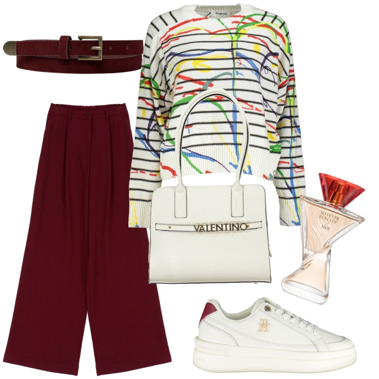 Outfit donna - Ciao a tutte. Stile Trendy per Tutti i giorni. Abbinamento con profumi, pantaloni a palazzo, maglieria, sneakers, cinture, borse a spalla.