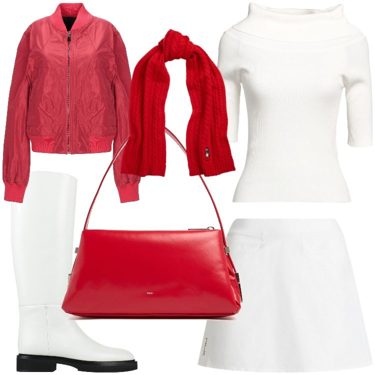 Outfit donna - Panna e fragole. Stile Casual chic per Serata fuori. Abbinamento con stivali, blazer, maglieria, sciarpe, minigonne, borse a spalla.