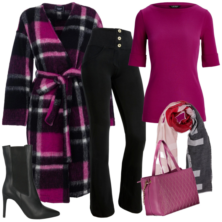 Outfit donna - Nero & fucsia. Stile Casual chic per Tutti i giorni. Abbinamento con stivaletti chelsea, cappotti, sciarpe, pantaloni skinny, maglieria, borse a spalla.
