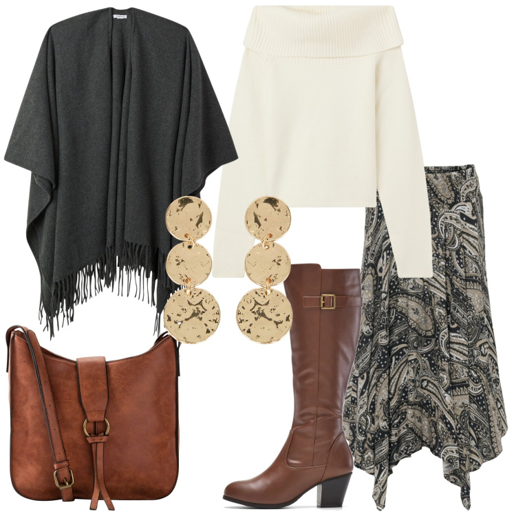 Outfit donna - Gonna lunga e mantella. Stile Etnico per Tutti i giorni. Abbinamento con gonne longuette, borse a tracolla, stivali, cappe, maglieria, orecchini.