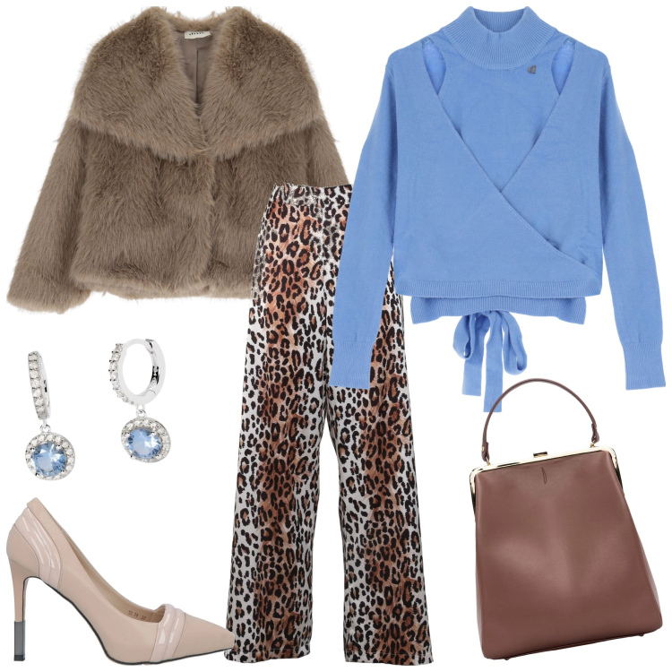 Outfit donna - Il cielo in un maglione. Stile Trendy per Tutti i giorni. Abbinamento con décolleté, orecchini, pantaloni a palazzo, maglieria, ecopellicce, borse a spalla.