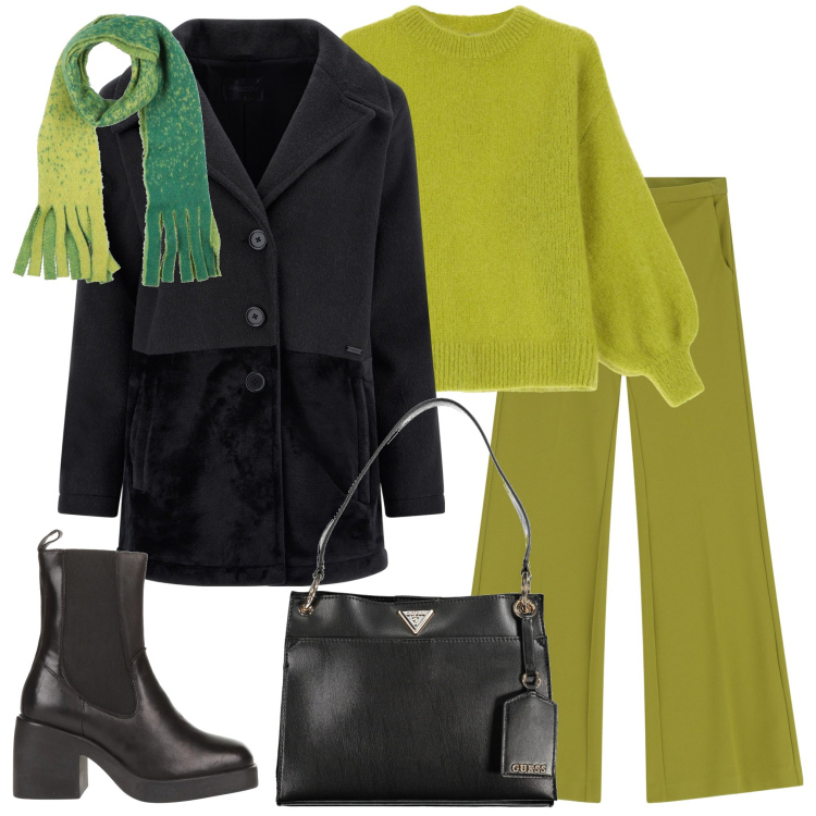 Outfit donna - Curvy. Stile Casual chic per Tutti i giorni. Abbinamento con stivaletti chelsea, sciarpe, pantaloni, cappotti, maglieria, borse a spalla.