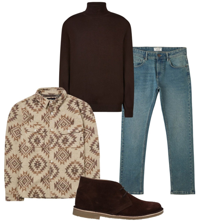 Outfit uomo - Dettagli caffè. Stile Casual per Tutti i giorni. Abbinamento con stivali e stivaletti, cappotti, jeans, maglieria.