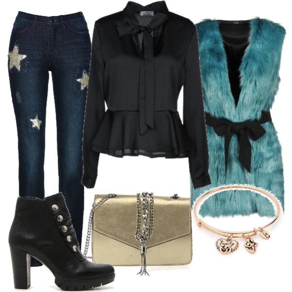 Outfit donna - Urban #9151. Stile Urban per Tutti i giorni. Abbinamento con jeans con paillettes in denim blu, ecopelliccia, blusa con fiocco a maniche lunghe con zip in raso tinta unita, stivaletti nero, bangle rosa e nero, borse a spalla.