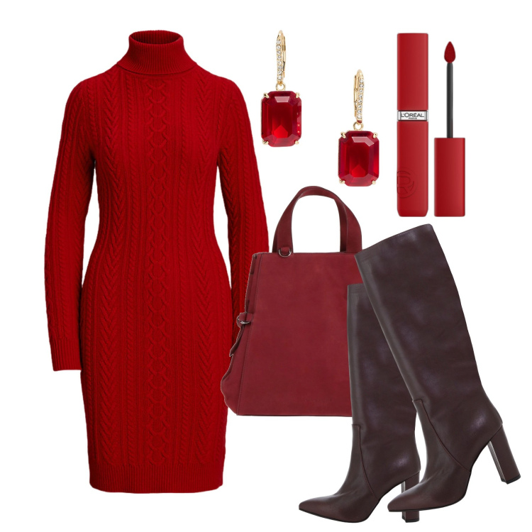 Outfit donna - Natale in baita. Stile Chic per Tutti i giorni. Abbinamento con borse a mano, rossetti, vestiti, orecchini, stivali.