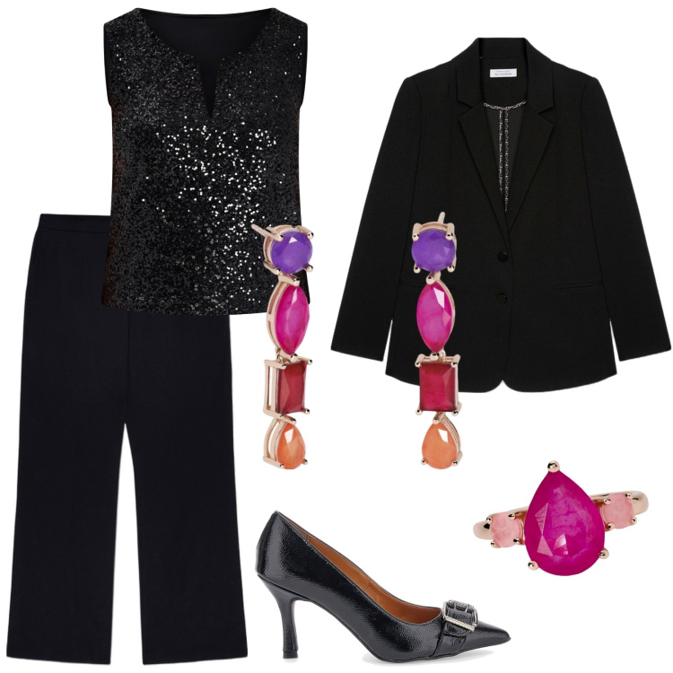 Outfit donna - Pantaloni a palazzo curvy. Stile Glamour per Serata fuori. Abbinamento con orecchini, anelli, top, décolleté, pantaloni a palazzo, blazer.