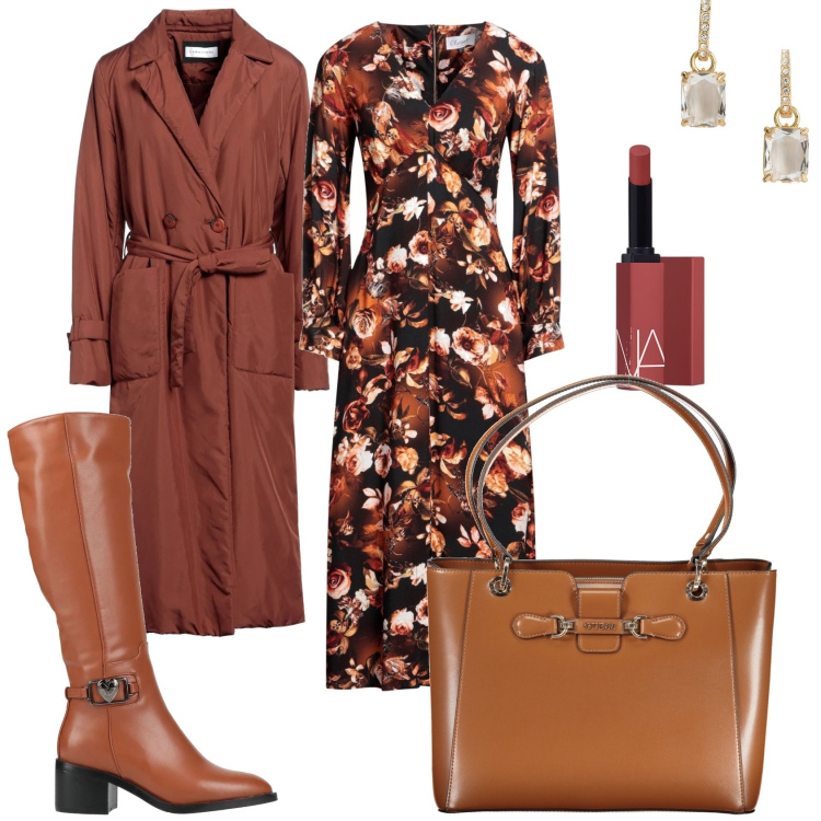 Outfit donna - Un giorno in marrone. Stile Casual chic per Tutti i giorni. Abbinamento con vestiti midi/longuette, cappotti, stivali, rossetti, orecchini, borse a spalla.